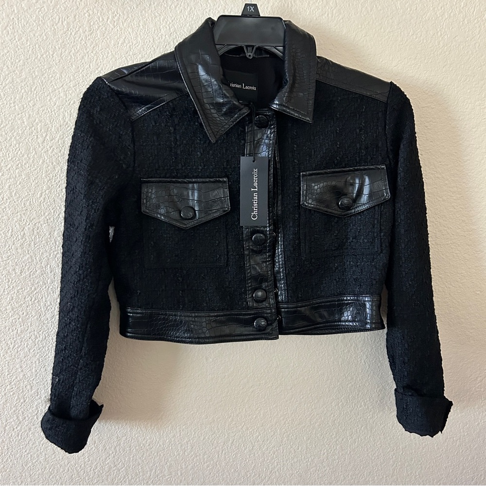 Christian Lacroix Button Front Crocodile trim Cropped Boucle jacket